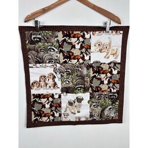 Handmade Doll Quilt Patchwork Horses and Puppies Raccoons Print 19" x 19" Brown